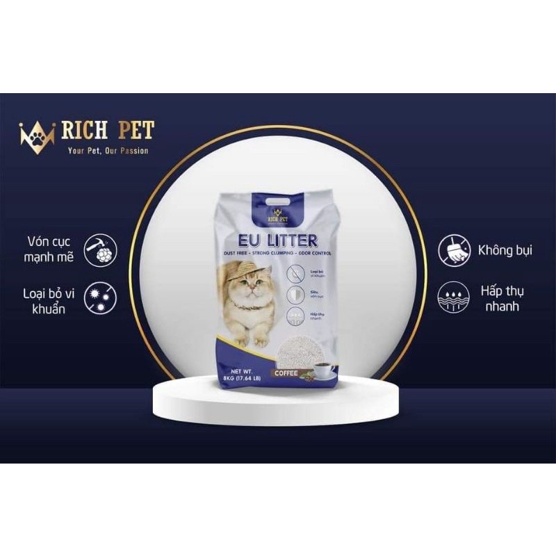 CÁT ĐẤT SÉT, CÁT BENTONIC EU LITTER THẤM HÚT TỐT, MÙI DỄ CHỊU, ÍT BỤI BAO 4kg, 8kg