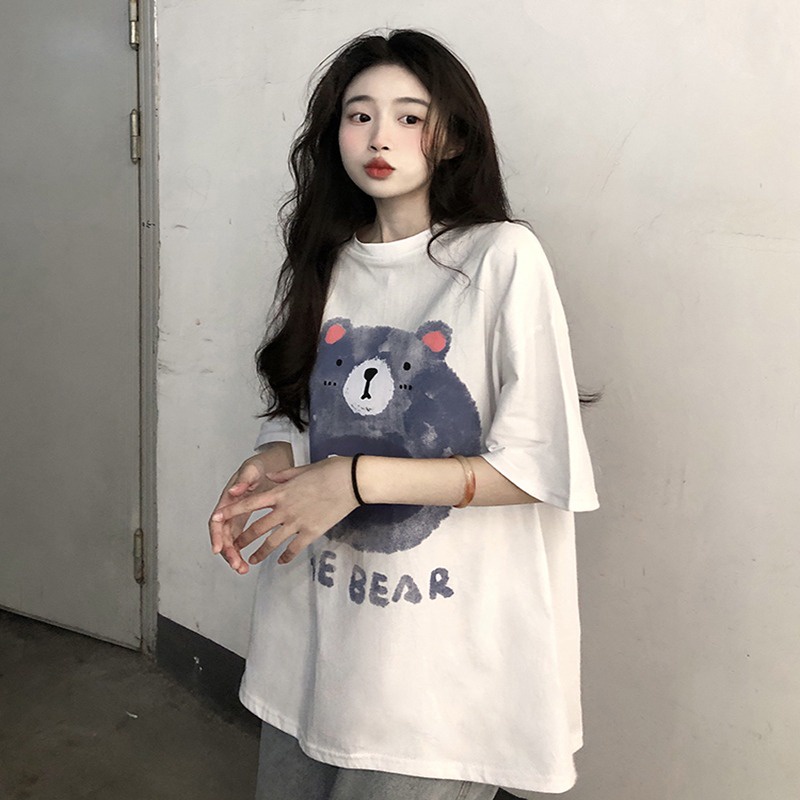 Áo Thun Tay Ngắn Dáng Rộng In Hình Gấu Kiểu Hàn Quốc Dễ Thương Cho Học Sinh