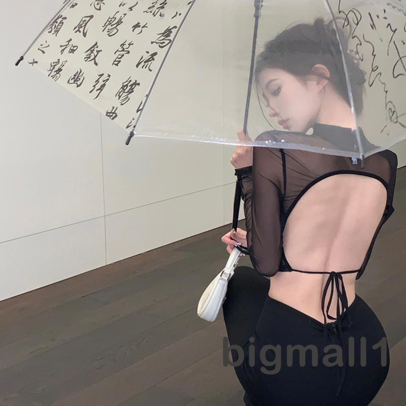 Áo Thun Lửng Tay Dài Phối Lưới Xuyên Thấu Thời Trang Dành Cho Nữ