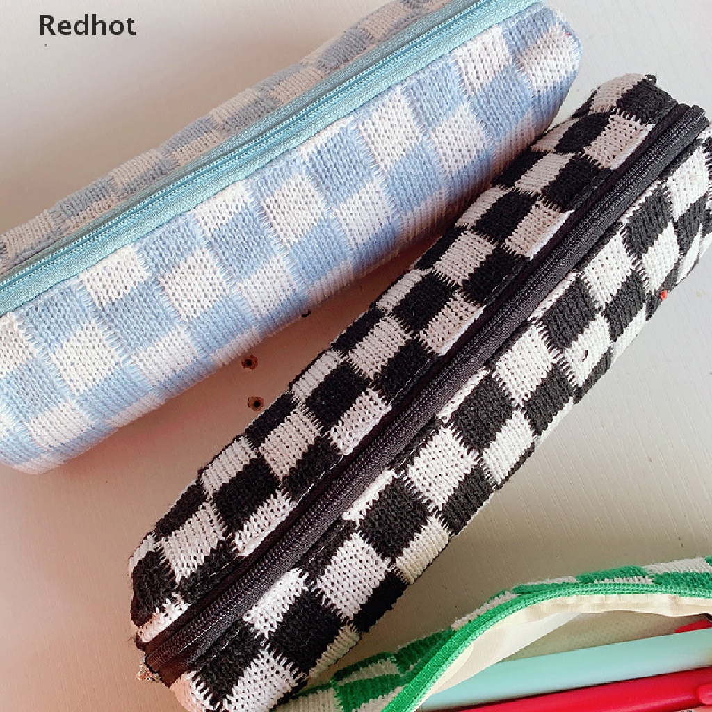 &lt; Redhot &gt; Túi Đựng Bút Chì Mỹ Phẩm Dệt Kim Kẻ Ô Dễ Thương Sức Chứa Lớn Và Sắp Xếp Gọn Gàng Cho Trường Học