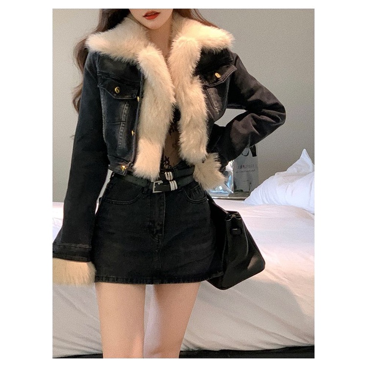 Áo Khoác Denim Ngắn Dáng Ôm Phối Lông Thời Trang Mùa Đông Hàn Quốc 2022