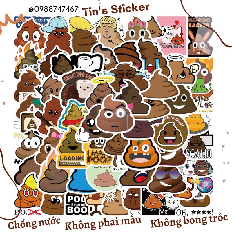 Set combo 60 miếng dán sticker cục shit vui nhộn cute dán nón mũ bảo hiểm laptop vali sổ tay tủ lạnh đàn guitar xe máy