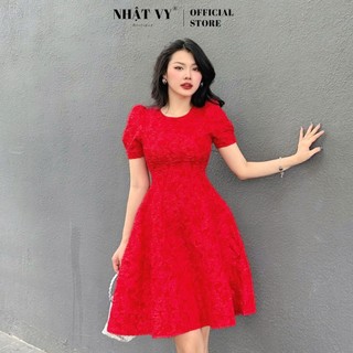 Đầm dự tiệc Nhât Vy tay phồng cổ tròn dáng xoè chất tapta hoa nổi thun phù hợp đi chơi du lịch sang trọng - D2646