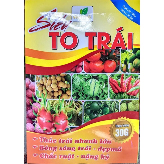 Phân bón lá Siêu to trái gói 30g ngọt quả, lớn quả, to quả, siêu ngọt chắc quả ớt, cà chua, dưa hấu, cam bưởi (gói 30g)