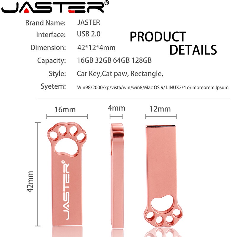 USB JASTER 2.0 kim loại khắc laser hình bàn chân gấu 4gb 8gb 16gb 32gb 64GB 128gb có móc khoá làm quà tặng