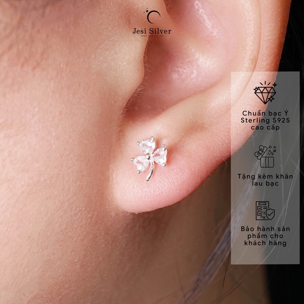 Bông tai nữ Jesi Silver bạc 925 cao cấp cỏ 3 lá đính đá xinh sp357