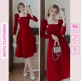 Đầm tết xòe dự tiệc sang trọng váy tết đỏ cổ vuông dáng dài xòe xinh đẹp quyến rũ MiyuClothing