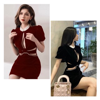 Đầm nhung cổ tròn viền ren khoét eo Rossy Fashion - SR200