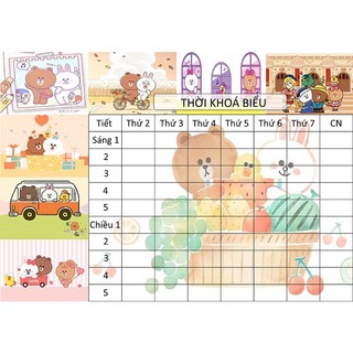 combo 2 tờ Thời Khoá Biểu gấu Brown TKB7 A5 dễ thương hoạt hình