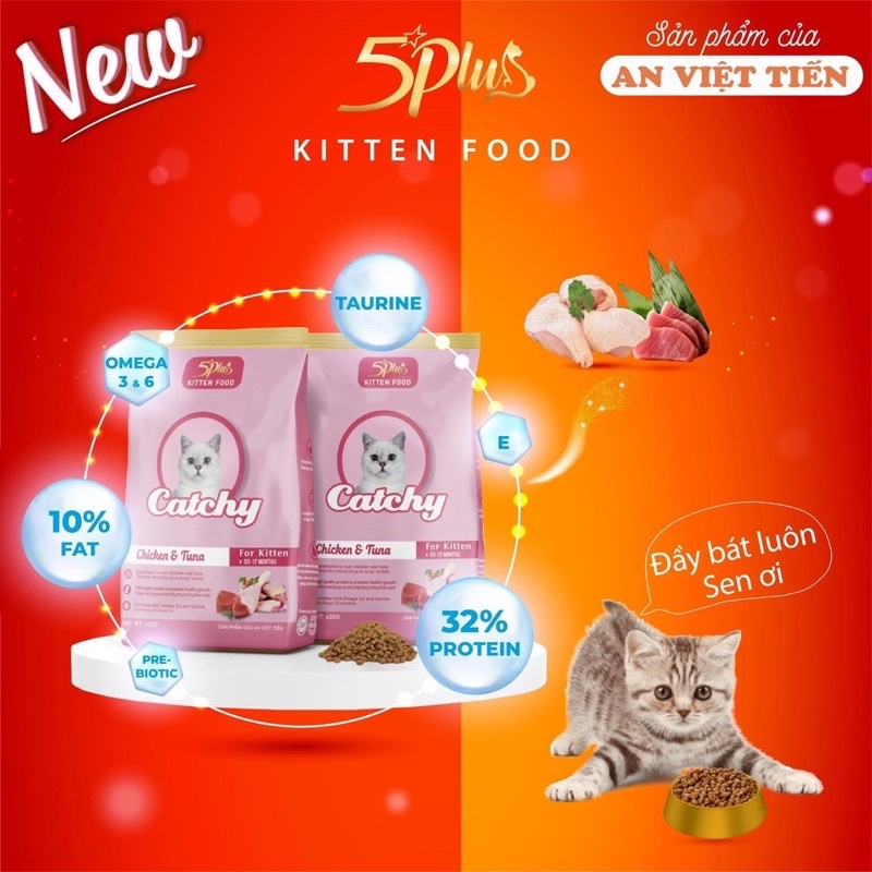 Thức Ăn Hạt Cho Mèo Trưởng Thành/Mèo Con Vị Gà&Cá Ngừ 5Plus Catchy 400g