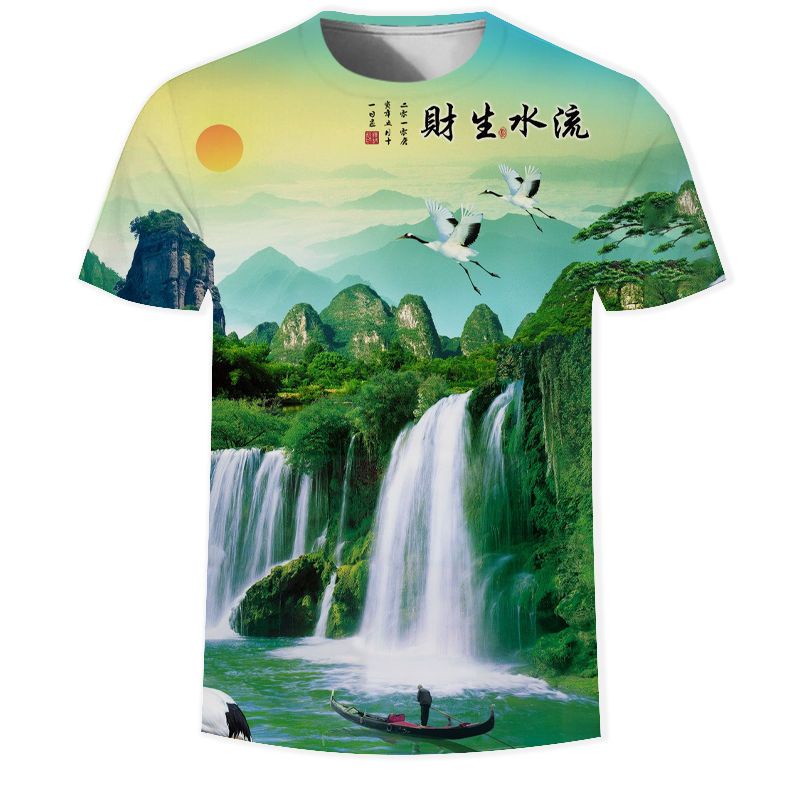 Áo Thun In Hình Thời Trang Năng Động Cho Nam Áo Thun Dáng Rộng In Kỹ Thuật Số 3D Màu Xanh Lá Cây Nước Qingshan Trắng Phong Cách Mới Mùa Hè 202