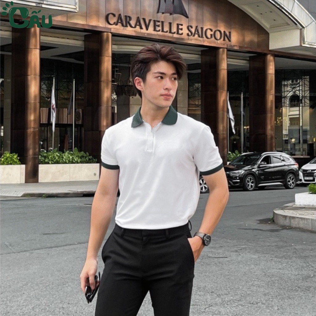 Áo thun Polo GẤU 194 Trơn Unisex vải cá sấu Poly co dãn 4 chiều dày dặn form gerular fit - PL Trắng Phối Ve Chai - 13