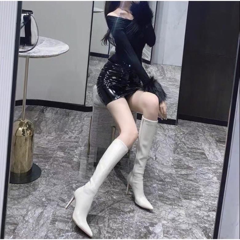 Boots đùi lót lông, Bốt dài tới gối da lì gót nhọn cao 6p (2109) sang chảnh