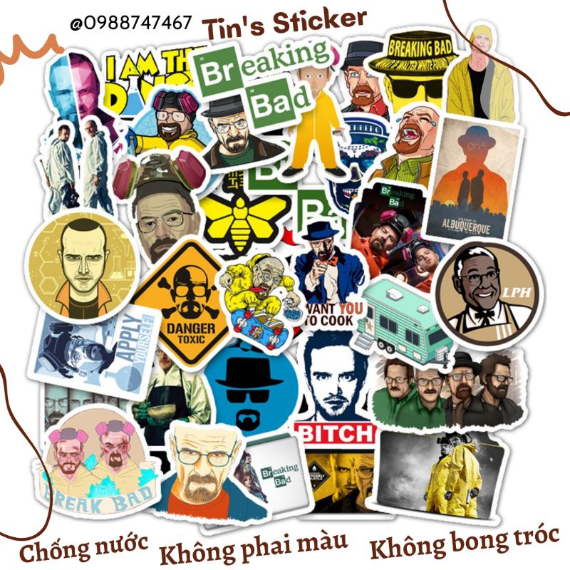 Set combo 50 miếng dán sticker Breaking Bad dán nón mũ bảo hiểm laptop vali sổ tay tủ lạnh đàn guitar xe máy