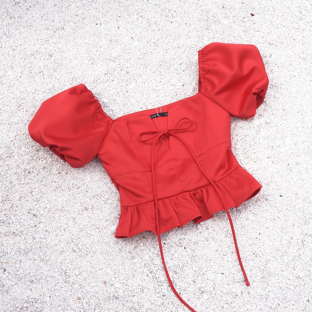 Áo kiểu top ngắn tafta thắt dây sau cổ lai nhún thời trang GAGO màu đỏ và đen GA4247/GA4246