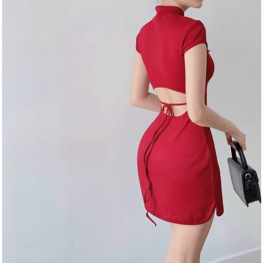 Váy đầm nữ cổ tàu khoét lưng cột nơ quyến rũ sexy tôn dáng