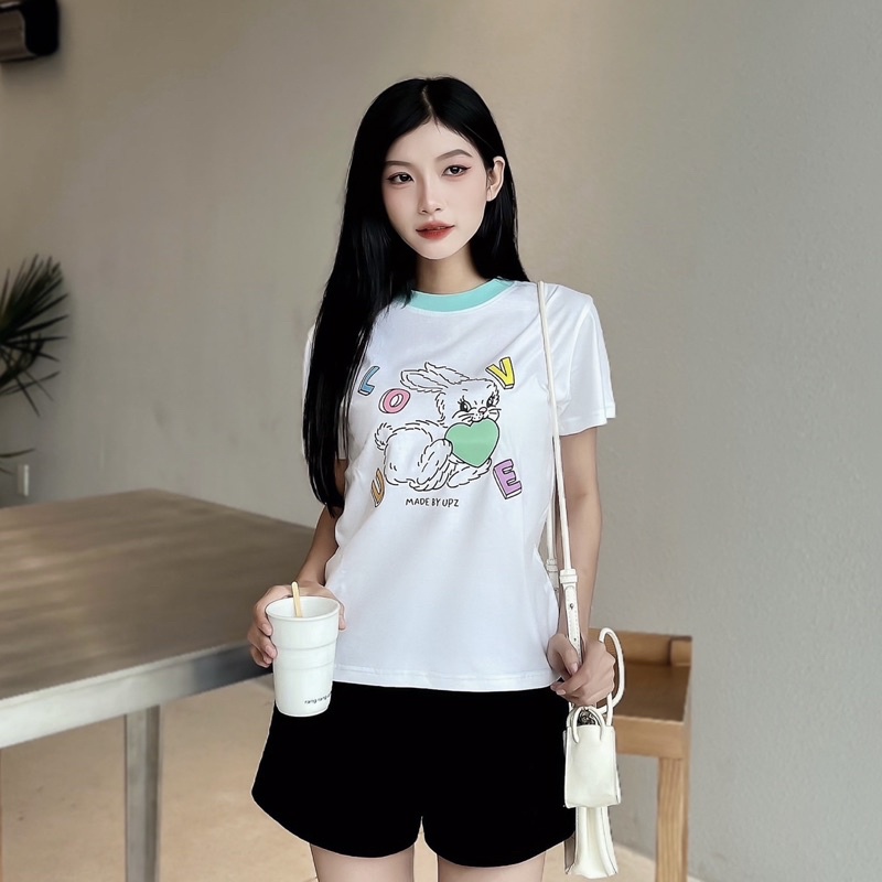 UPZ Áo Thun Baby Tee Tay Ngắn Phối Cổ Màu In Hoạ Tiết Thỏ/Mèo Vintage