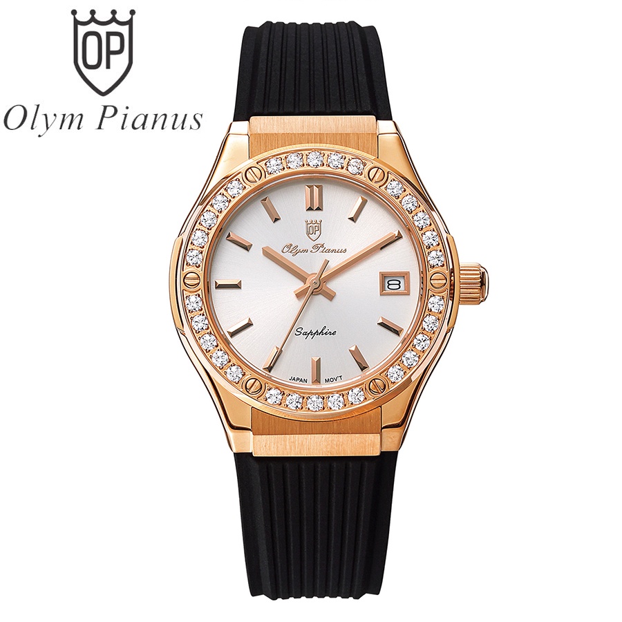 Đồng hồ nữ dây cao su chính hãng Olym Pianus OP990-45 OP990-45DLR-GL trắng dây đen
