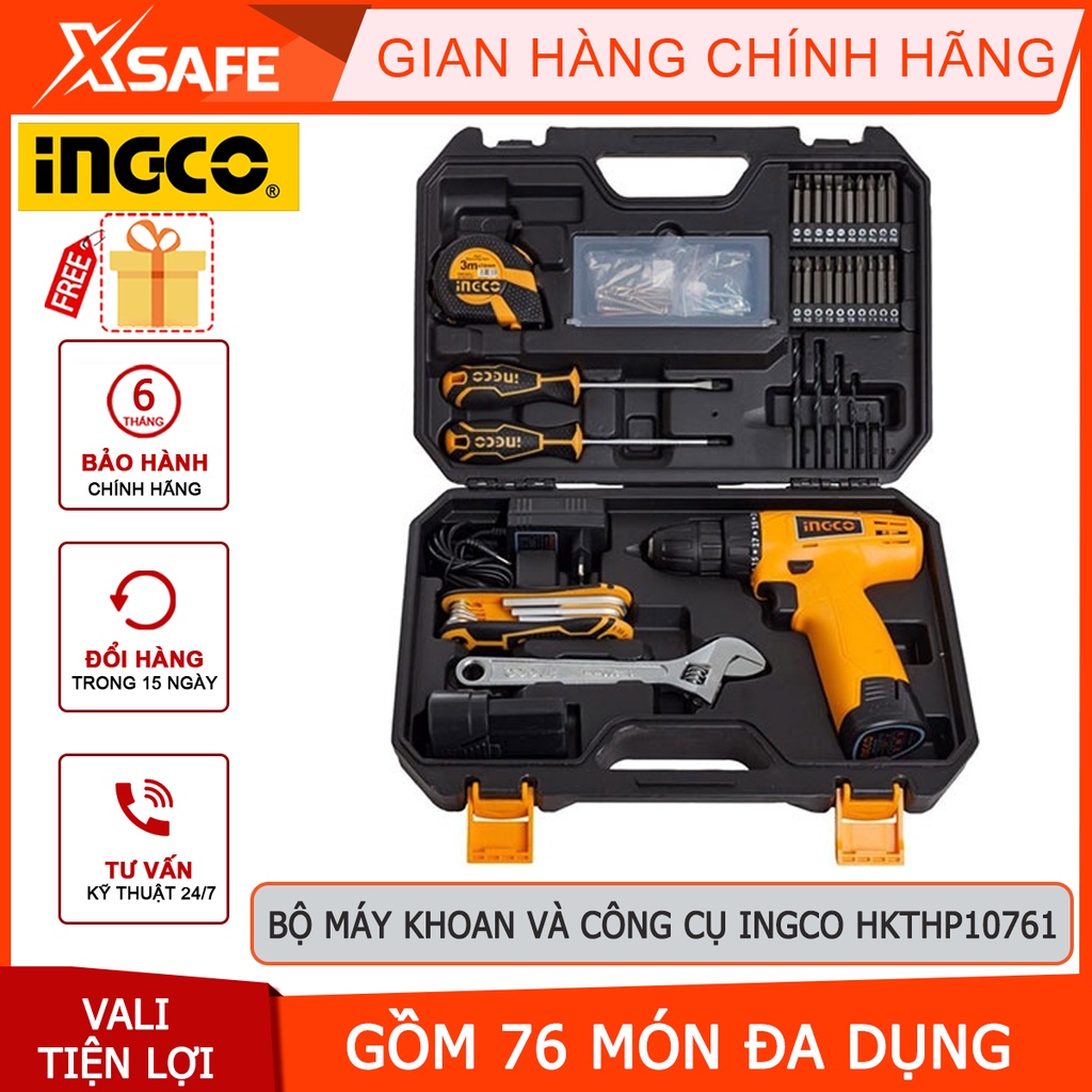 Bộ máy khoan pin và công cụ cầm tay INGCO HKTHP10761 gồm 76 món đa dạng, vali nhựa tiện lợi, tránh thất lạc