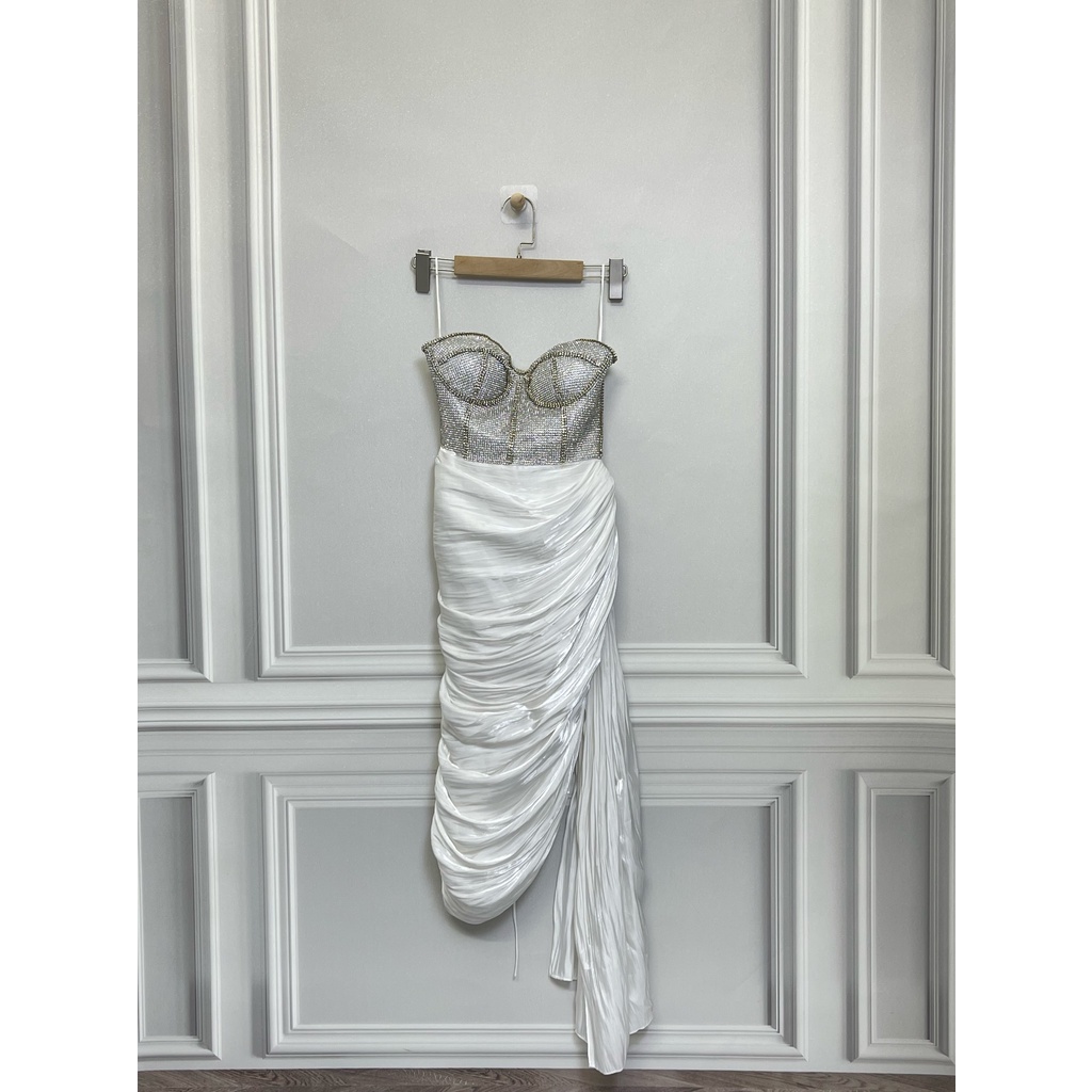 V1574 Váy quây đính hạt VANANH SCARLET hàng hiệu chính hãng thời trang nữ màu trắng size S secondhand thanh lý ký gửi