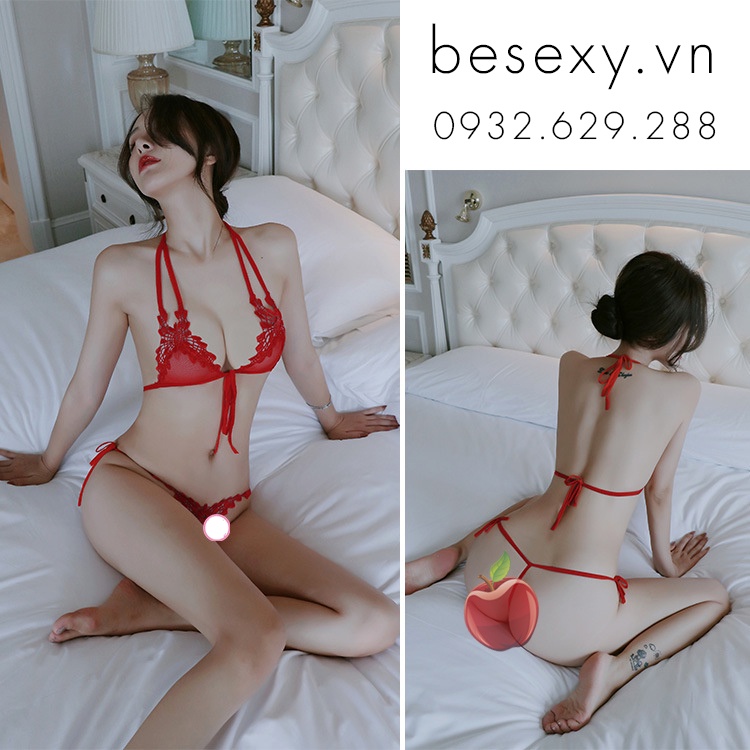 Bộ đồ lót ren lọt khe xẻ đáy dây buộc siêu nhỏ sexy