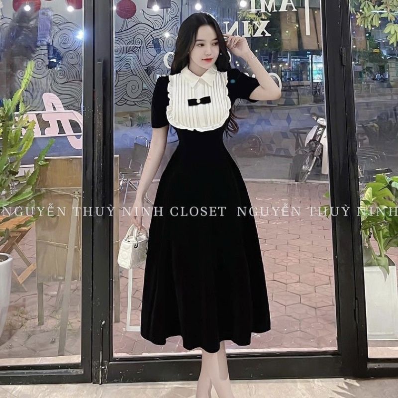 Đầm Nhung Phối Bèo Cổ Tiểu Thư