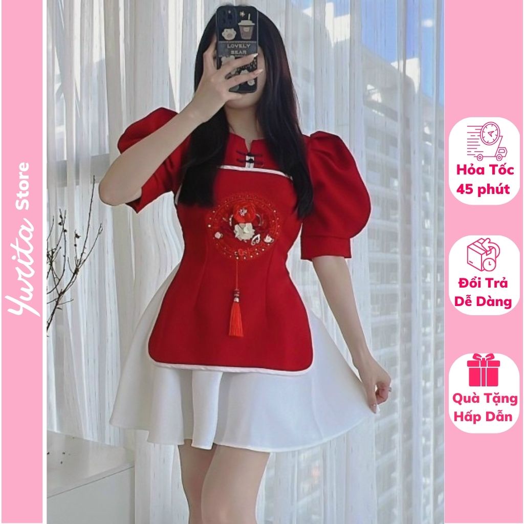 Áo Dài Tết, Sườn Xám Cách Tân Nữ Yurita, Set Áo Dài Màu Đỏ Tay Phồng Phối Chân Váy, Đồ Tết Thiết Kế Sang Trọng Hiện Đại