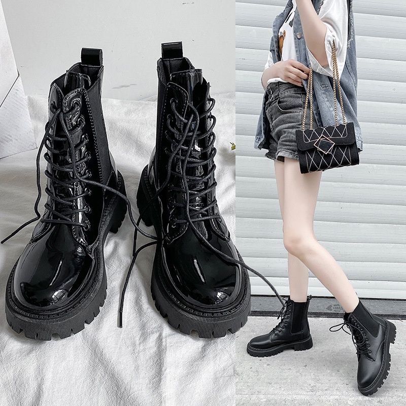 Giày bốt boot nữ Martin cổ cao đế dày phong cách thời trang Hàn Quốc, Giày nữ đế cao đẹp, bốt nữ cổ chun màu đen