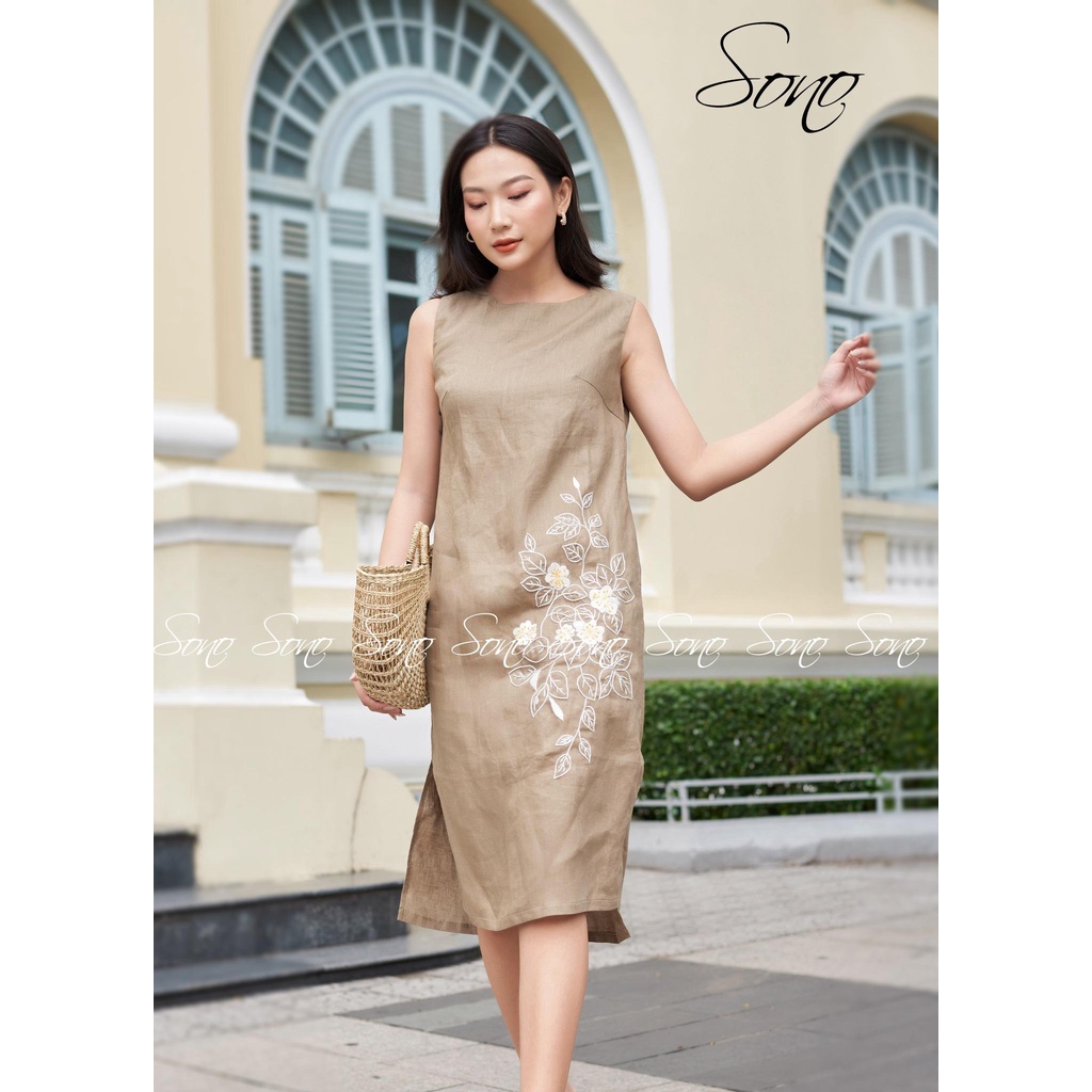 Sono - Đầm chất liệu linen thêu hoa màu trắng trẻ trung