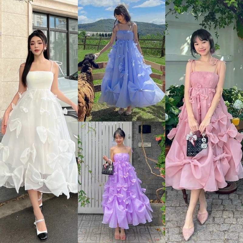 Đầm váy voan tơ xoè dài hồng tím xanh trắng nơ to nhỏ 2 dây, thời trang tiểu thư công chúa dự tiệc sinh nhật chụp hình