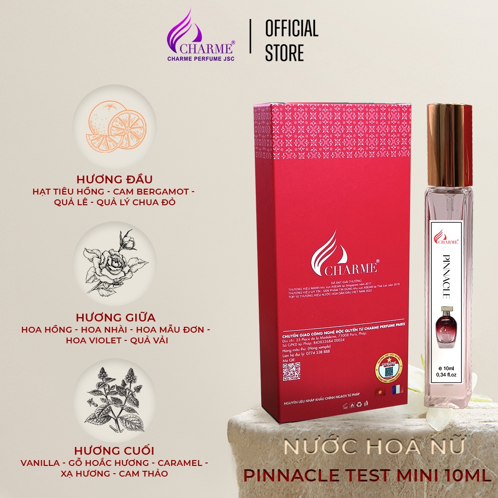 Nước hoa nữ thơm lâu, Charme Pinnacle, chai Test mini, gợi cảm và sang chảnh, cho những nàng cá tính, 10ml