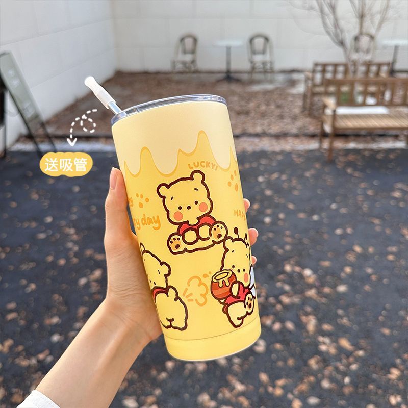 Cốc Giữ Nhiệt Bằng Thép Không Gỉ 304 550ml Thiết Kế Hình Gấu Pooh Màu Vàng