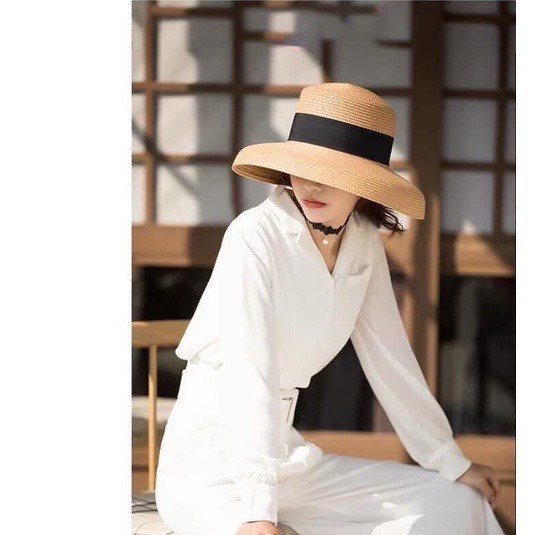 Mũ cói chuông lồng đèn nơ đi biển nón nữ vành cụp thời trang du lịch hè - MC05