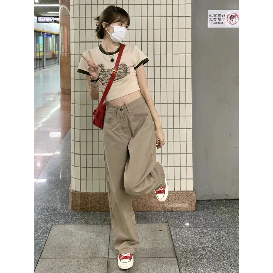 Quần jean nữ quần kaki nữ ống suông nâu cạp cao siêu hack chân siêu tôn dáng BO01