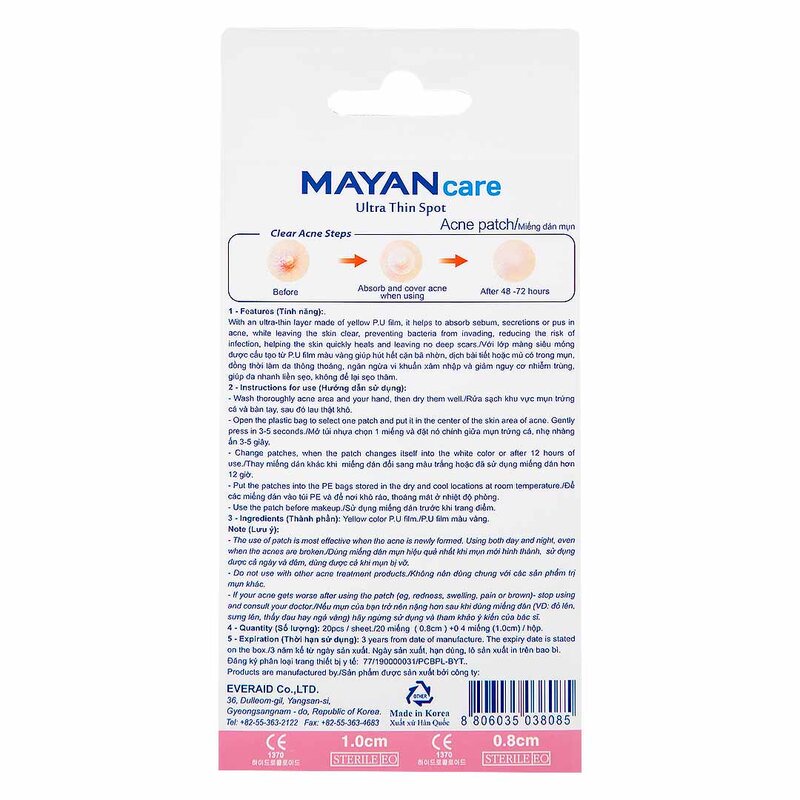 Miếng dán mụn Mayan Care nhiều kích cỡche mụn khuyết điểm hút mụn sưng đỏ, mụn bọc, ngừa khuẩn, giảm sẹo - Hộp 24 miếng