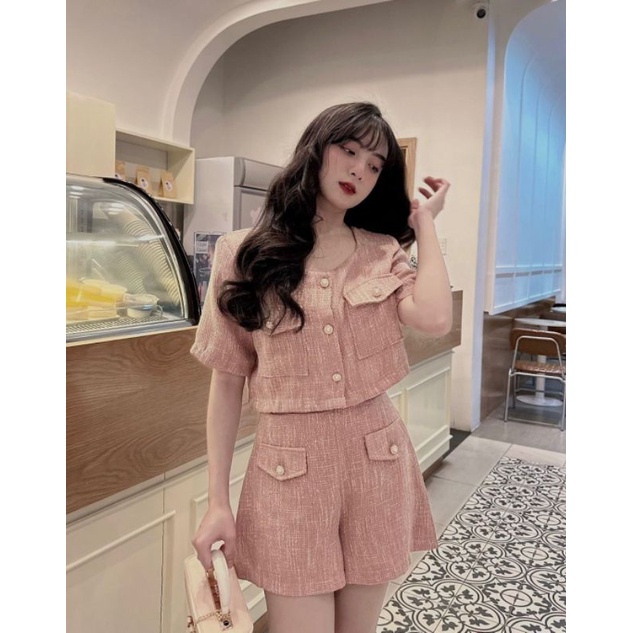Set dạ tweed hồng kèm quần short