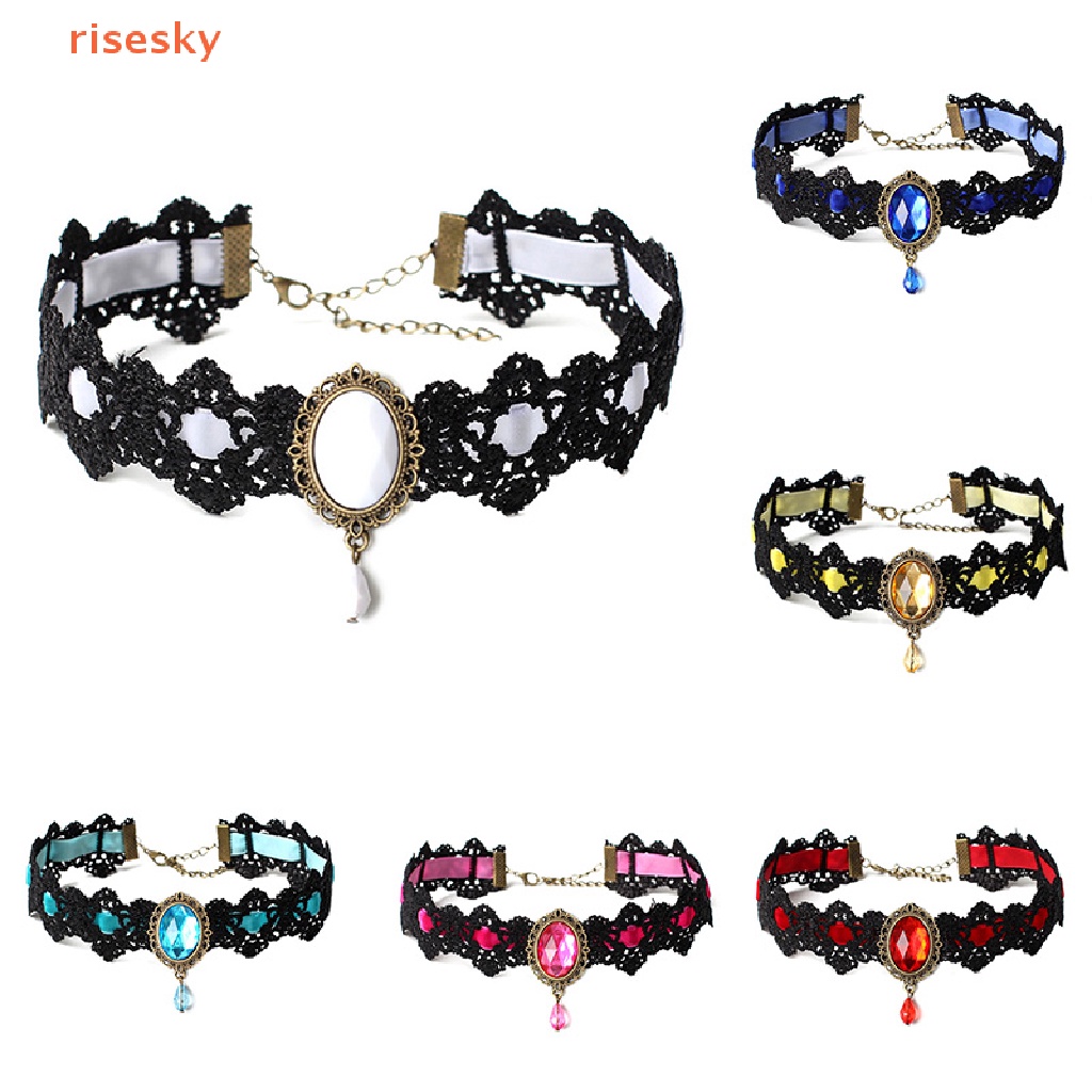 Vòng Cổ Choker Dây Nhung Đen Đính Đá Pha Lê Phong Cách Gothic Cổ Điển