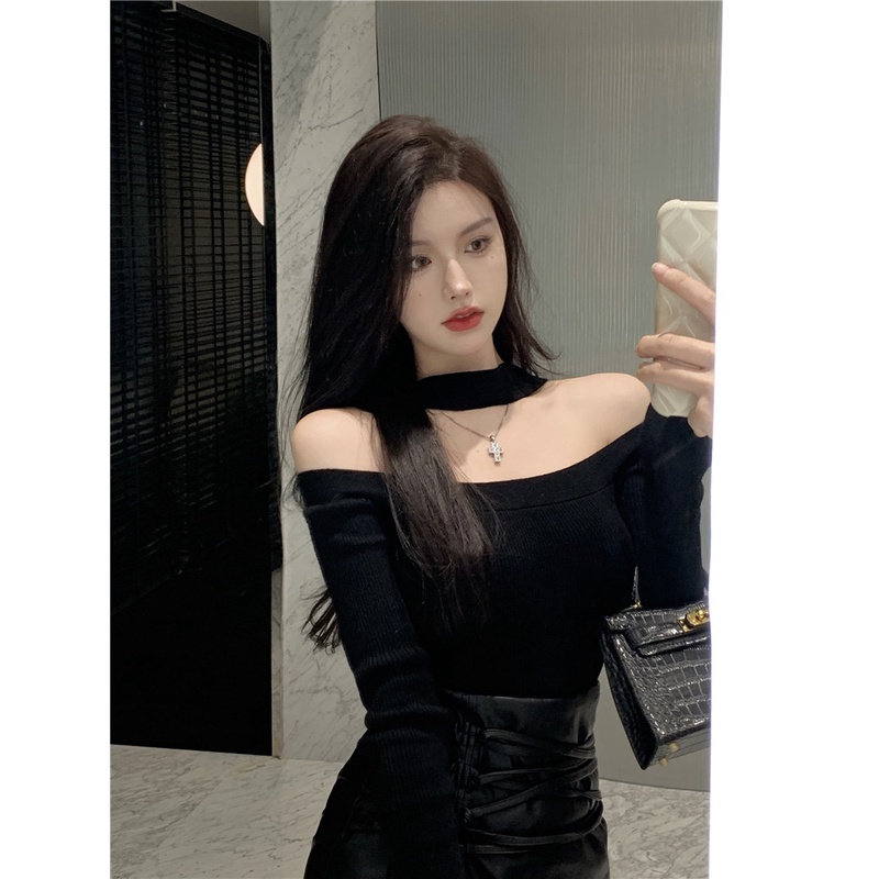 Áo dệt kim tay dài hở vai thời trang cho nữ