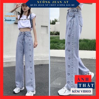 J19 quần jean nữ ống rộng chất bò kèm hoạ tiết trái tim, quần ống rộng màu xanh form dài 95cm - 437