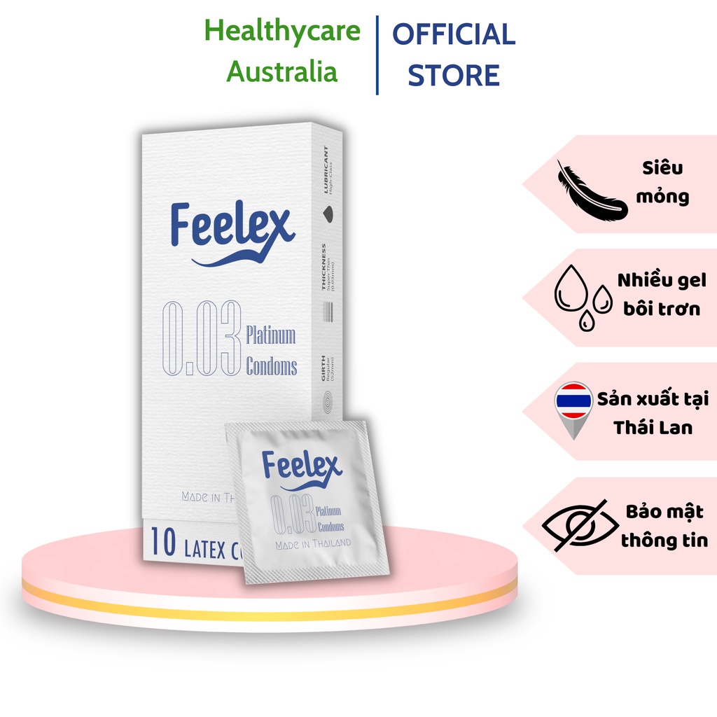 Bao cao su Feelex 0.03mm siêu mỏng, nhiều gel bôi trơn hương vani, sản xuất tại Thái Lan hộp 10 bcs
