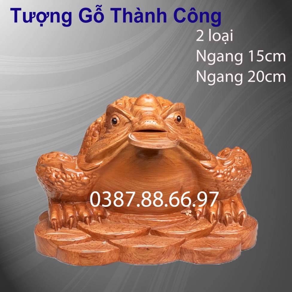 Tượng thiềm thừ cóc ngậm tiền ngang 15cm và 20cm chất liệu gỗ hương