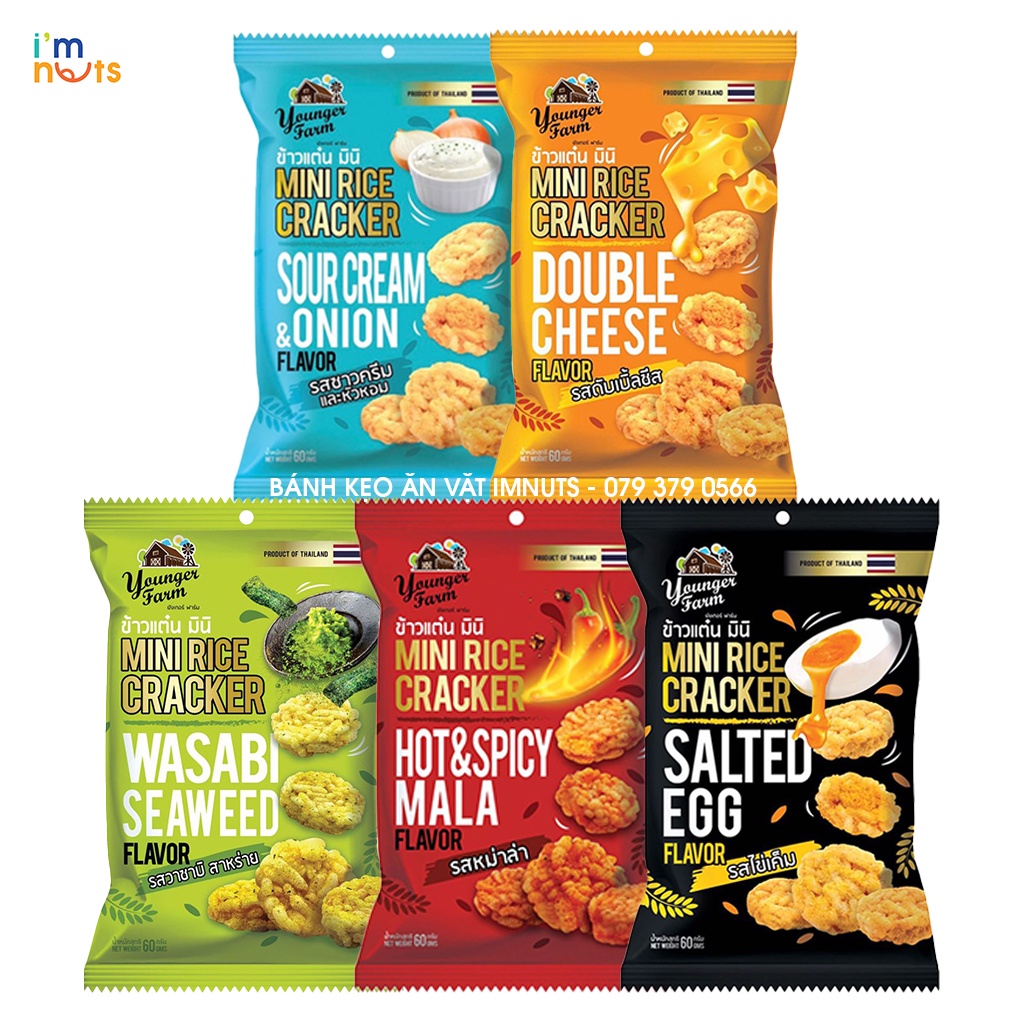 Snack cơm cháy Younger Farm Thái Lan gói 60g đủ vị Trứng Muối, Kem Chua Hành, Phô Mai, Ớt Mala, Rong biển Wasabi