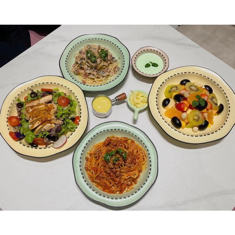 Bộ bát đĩa viền nét đứt, bộ bát đĩa pastel, bát đĩa decor