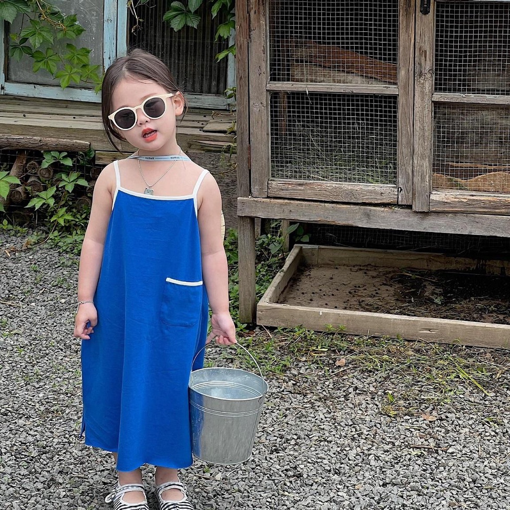 Váy hai dây bé gái màu sắc basic V126 sz 80-130, váy 2 dây cotton suông dài, thời trang đi biển siêu xinh cho bé hè 2023