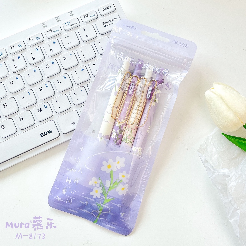 Bút Gel Bấm Mura Ordinary Daisy M8173 Mực Đen, Ngòi 0.5mm Hoạ Tiết Hoa Cúc Tím