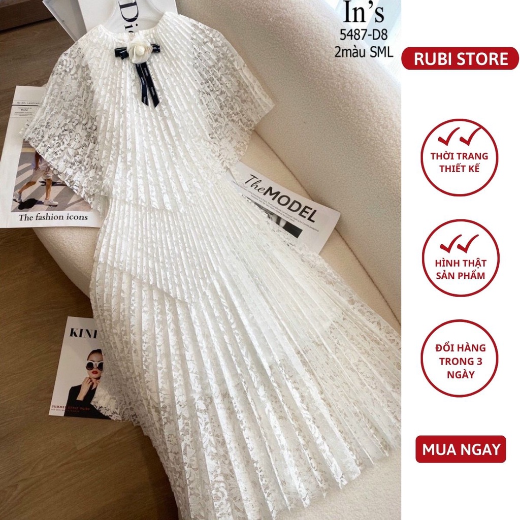 A119- Đầm thiết kế LINH RUBI STORE dáng xòe tầng cổ đính nơ hoa chất vải ren 2 lớp cao cấp