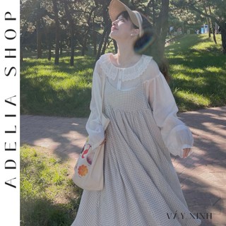 「ADELIA」Đầm Yếm Babydoll Cute Họa Tiết Caro Dáng Dài Xòe Xinh Xắn Dễ Thương Hàng Quảng Châu 2 Lớp