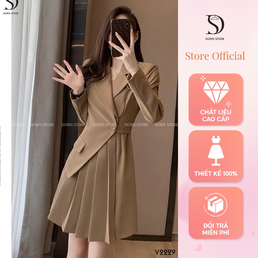 Váy thiết kế DORIS dáng vest tay dài phối khuy cách điệu chất liệu Tuýt xi cao cấp đứng form thanh lịch V2229