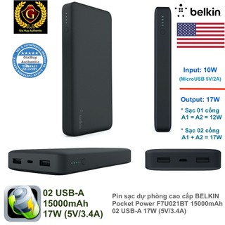Pin sạc dự phòng cao cấp BELKIN Pocket Power F7U021BT 15000mAh 02 USB-A 17W (5V/3.4A)