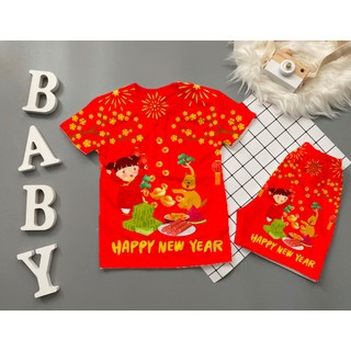 Quần áo tết cho bé siêu đẹp in chữ happy new year chất thun lạnh thái mềm mại in 3d 10-60kg sushi kids